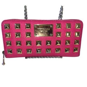 Michael Kors Fuchsia Pink Pyramid Studded Continental Zip Wallet